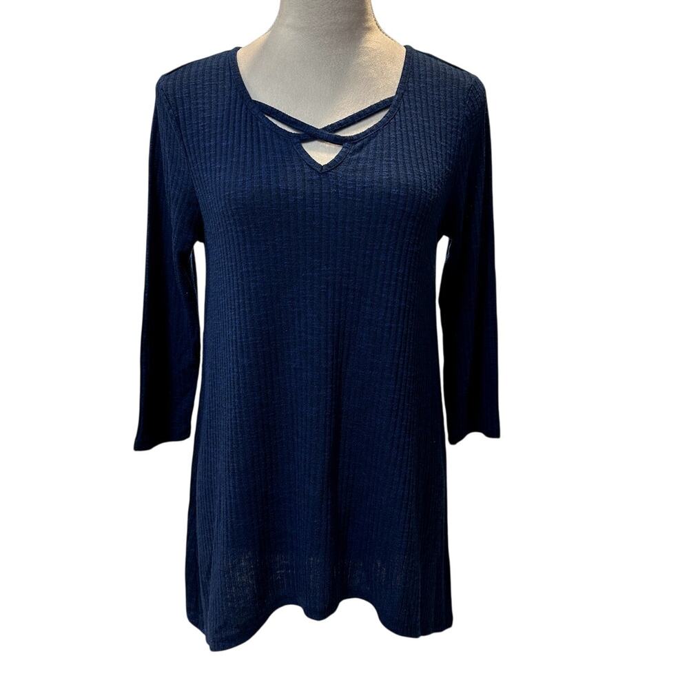 New Direction Women's Dark Blue Ribbed Long Sleeve Tunic Sweater S